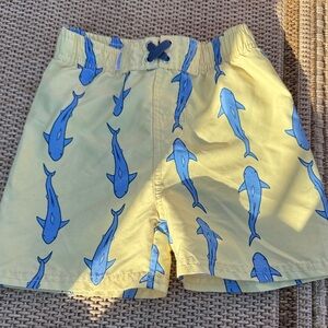 Yellow Kids Swim Trunks with Blue Shark Design
